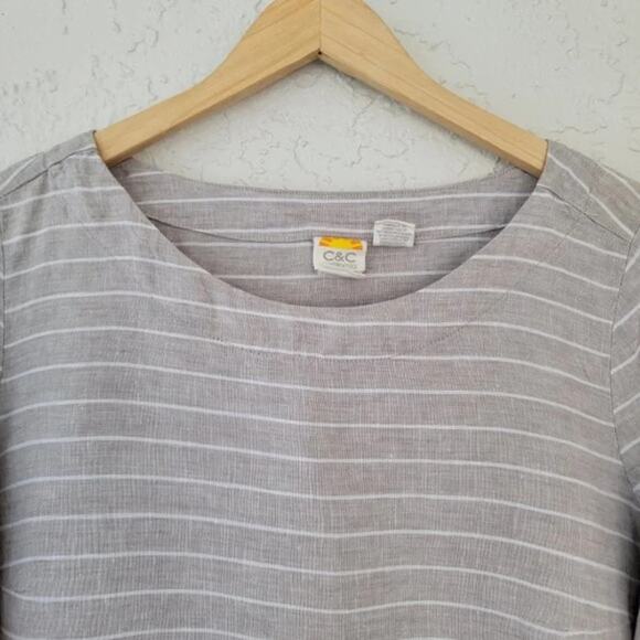 C&C California Long Sleeve Striped Linen Top Tan White Women Size M Round Neck - Picture 2 of 9